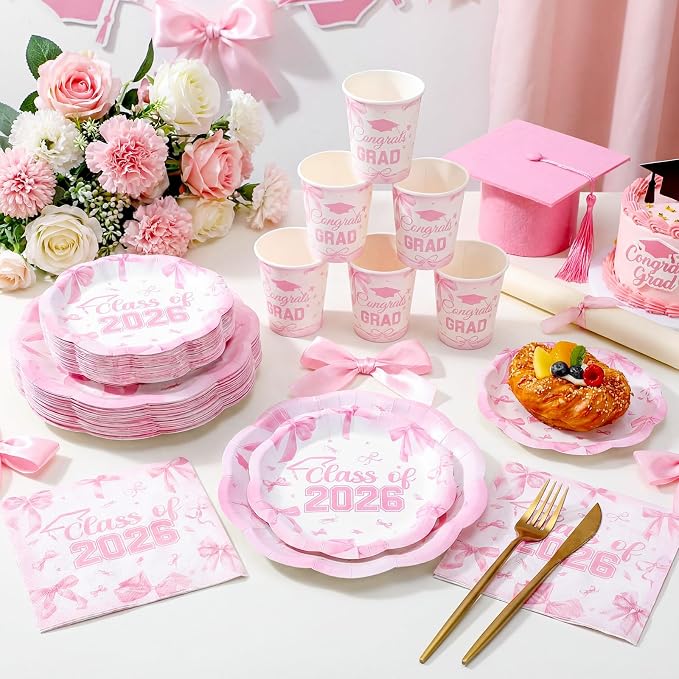 Newtay 250 Pcs Pink Bow Graduation Disposable Plates and Napkins Pink Congrats Grad Disposable Tableware Set for 50 Guests Paper Plates Napkins Cups for Girls Nurses Graduation Party Supplies