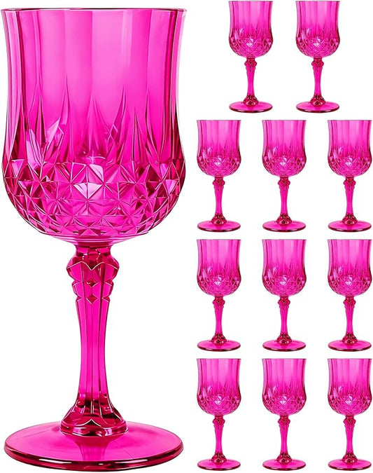 Plastic Wine Glasses Set, 7oz Vintage Goblets Shatterproof Unbreakable Reusable & Disposable, Drinking Glasses with Stem, for Wedding Outdoor Dinner Easter Party (12pcs, Hot Pink)
