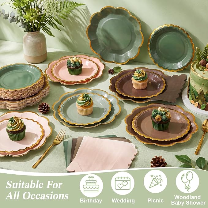 72 Pcs 24 Guests Woodland Baby Shower Tableware Set Green Brown Paper Plates and Napkins Woodland Party Supplies Disposable Tableware Scalloped Plates for Safari Jungle Birthday Wedding
