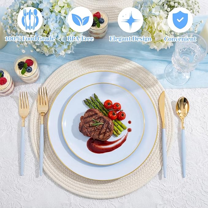 DaYammi 150Pcs Blue Plastic Plates with Gold Rim,Disposable Blue Party Plates Include 30 Dinner Plate,30 Salad Plate,30 Forks,30 Knives,30 Spoons,Fancy Disposable Platos for Party,Wedding,Baby Shower