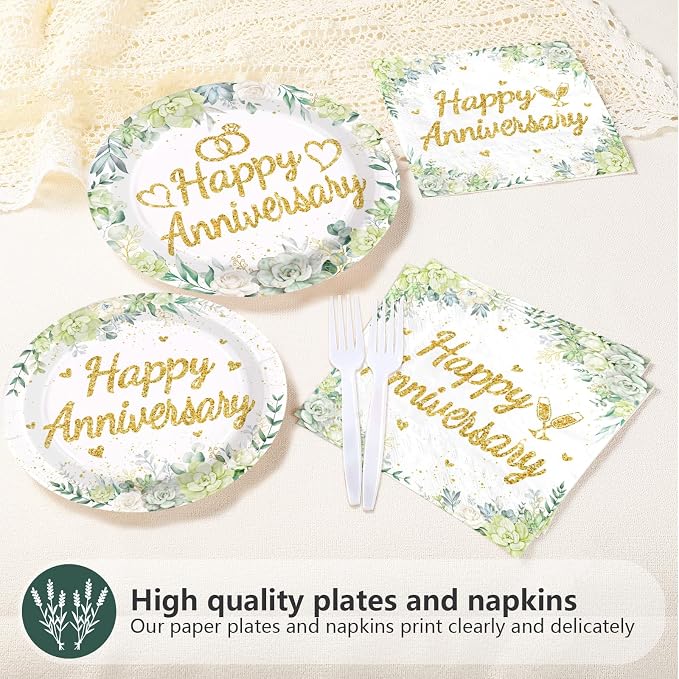 96Pcs Happy Anniversary Party Supplies Sage Green Gold Wedding Party Plates and Napkins Disposable Green Leaves Flower Tableware Set for Couples Anniversary Wedding Decorations Serves 24