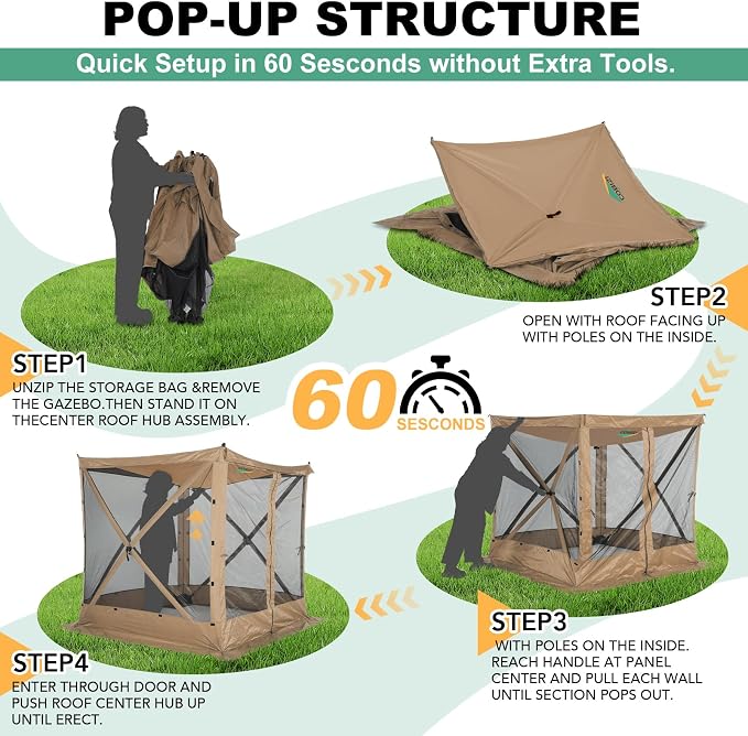 COBIZI 6x6 FT Pop up Gazebo, Popup Canopy Tent, Waterproof Screened in Gazebos,Portable Outdoor Small Screen Tents Sun Shelter,carpas para Patio for Camping, Garden and Backyard,Khaki