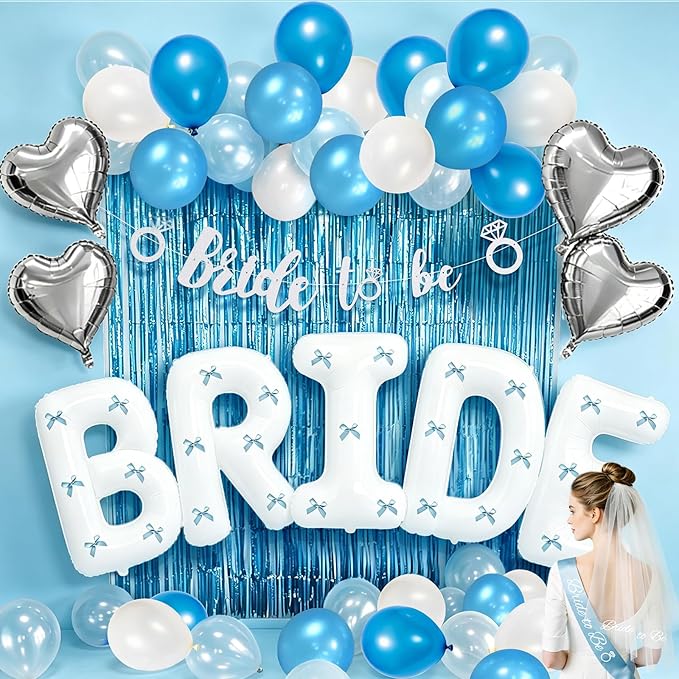 Bachelorette Party Decorations, Light Blue Bridal Shower Decor Set with 40" Bride Balloons, White Sash, Veil, Foil Curtains, Banner & 30pcs Blue Butterflies for Beach Coast Lake Party