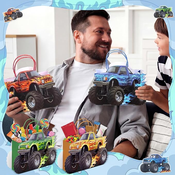 Tosstuki 12 Pcs Monster Truck Party Favor Bags 3D Paper Goodie Treat Bags with Handles 4 Vibrant Designs Kraft Paper Candy Decorations for Monster Truck Themed Party Decorations & Supplies