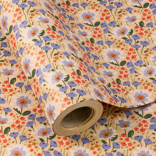 WRAPAHOLIC Kraft Floral Wrapping Paper Roll - Mini Roll - 17 Inch x 33 Feet - Watercolor Flower Wrapping Paper, Perfect for Wedding, Birthday, Bridal Shower, Tea Party
