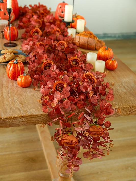 PARTY JOY 6.56ft Fall Decor Orange Eucalyptus Garland with Flowers 8 Orange Roses, Fall Garland Artificial Fake Flowers Floral Vines for Autumn Decor Fall Decorations for Home Indoor Outdoor