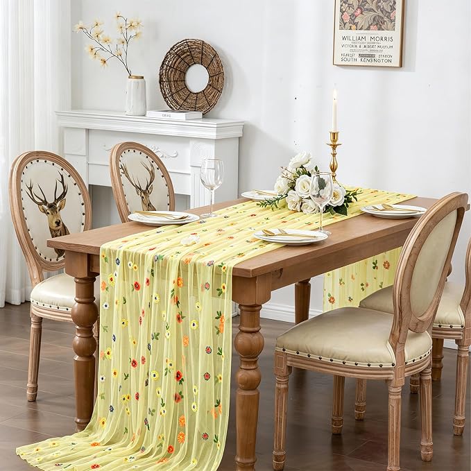 BINBE 3pcs Daisy Spring Table Runner Embroidery Gauze 10FT Florals Seasonal Tulle Holiday Birthday Kitchen Dining Table Decor for Home Party Yellow