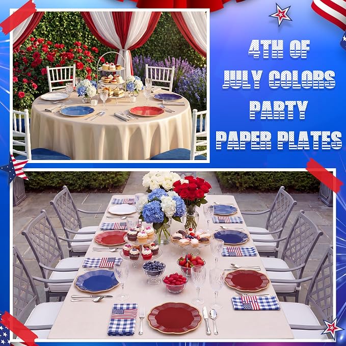72 Pcs 4th of July Paper Plates 9 Inch Red White and Blue Scalloped Paper Disposable Dinner Dessert Plates for Memorial Day Veterans Independence Day Party Decorations