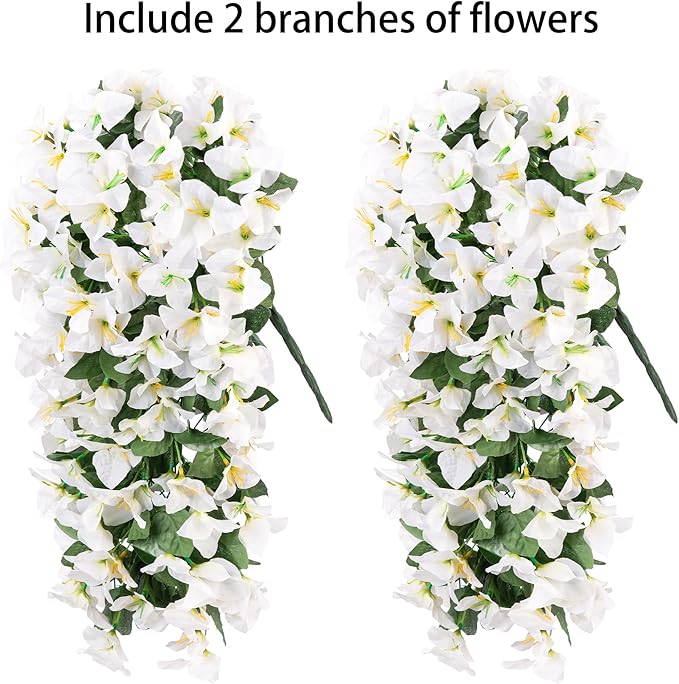 Faux Bougainvillea Artificial Flowers for Outdoors Fake Plants Outside Decoration, 2 PCS White Faux Flowers UV Resistant Look Real Silk Long Trailing Vines for Front Door Porch Planter Patio Garden