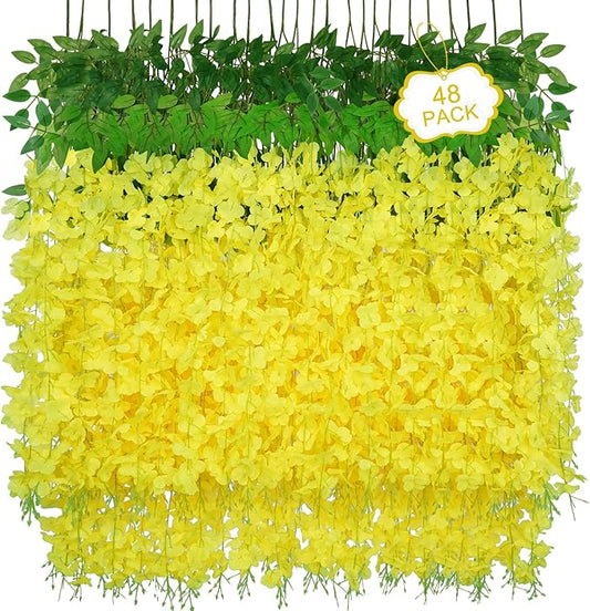 48Pcs Artificial Wisteria Hanging Flowers, 3.6Ft/Pcs Yellow Fake Wisteria Garland for Wedding Party Home Garden Indoor Outdoor Decoration