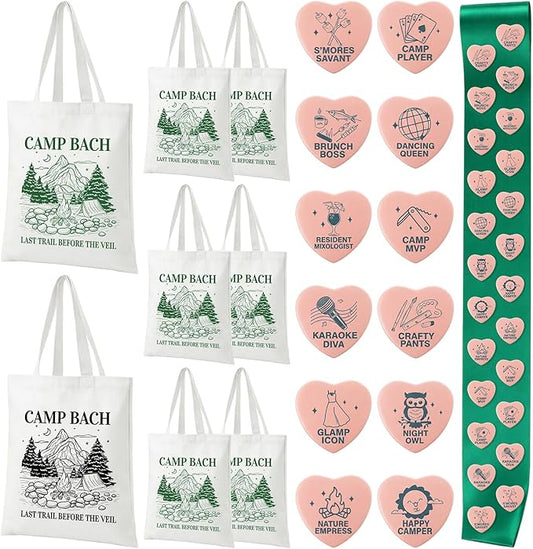 Hsei 40 Pcs Camp Bachelorette Party Supplies Include 24 Camping Bachelorette Party Badges 8 Bridesmaid Tote Bags Canvas 8 Sashes for Bridal Showers Accessories Wedding Bachelor Favor Gifts