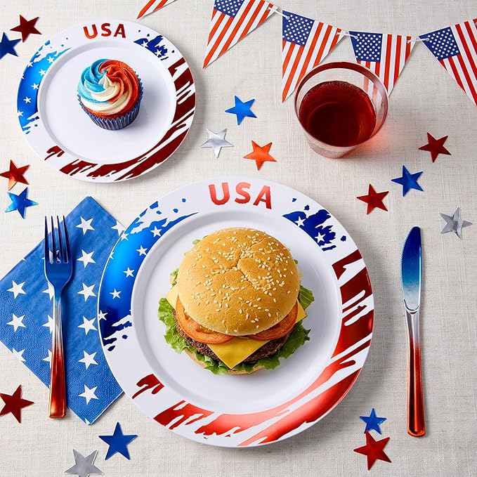 Goodluck 4th of July Plastic Plates, 100Pcs Patriotic Red White and Blue Party Supplies with USA Flag Design, Includes 50 10" Dinner & 50 7.5" Dessert Plates for Independence Day Memorial Day