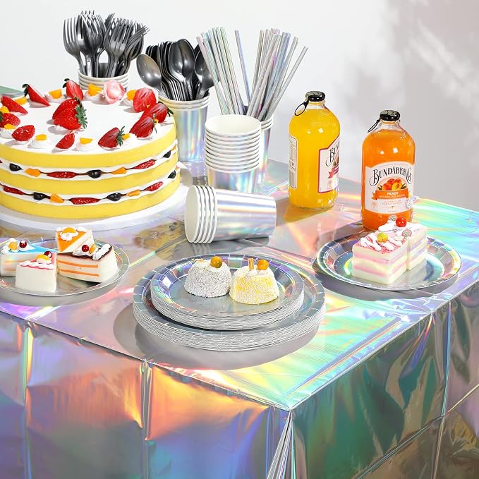 Iridescent Party Supplies Decorations, Holographic Paper Plates and Napkins Set, Disposable Iridescent Paper Plates Cups Knives Spoons Fork Straw for Mermaid Birthday Wedding Party, Serve 25