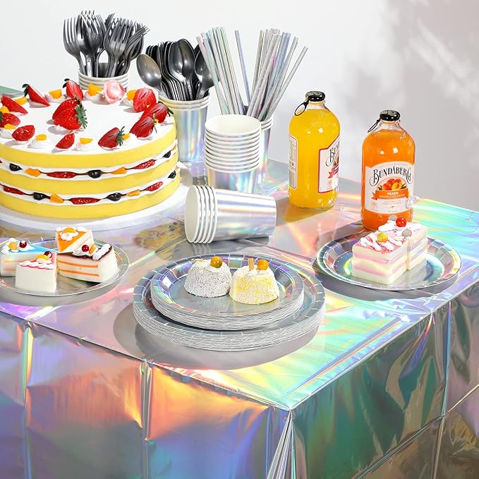 Iridescent Party Supplies Decorations, Holographic Paper Plates and Napkins Set, Disposable Iridescent Paper Plates Cups Knives Spoons Fork Straw for Mermaid Birthday Wedding Party, Serve 25