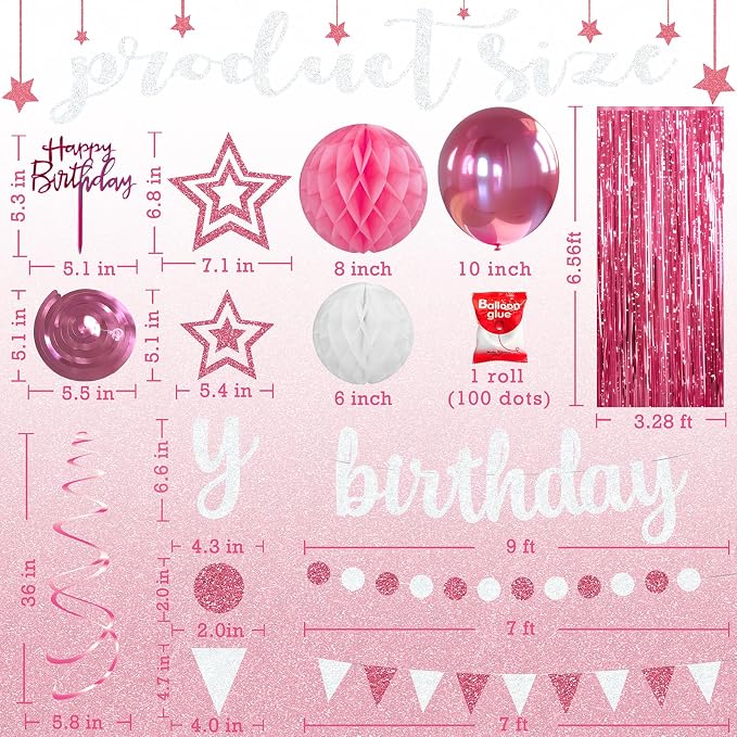Pink Birthday Party Decorations Set - Pink and White Happy Birthday Banner Balloons Foil Curtains Hanging Swirls for Girls Birthday Party Supplies