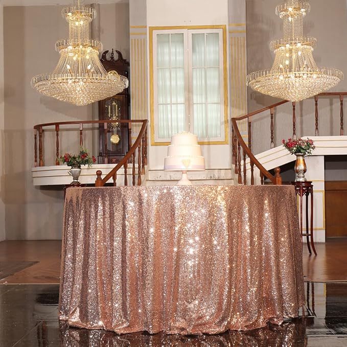 PartyDelight 108" Round Rose Gold Sequin Tablecloth High-Density 3mm Stitched Sequins Floor Length for 48-inch Round Tables Luxury Wedding & Banquet Decor