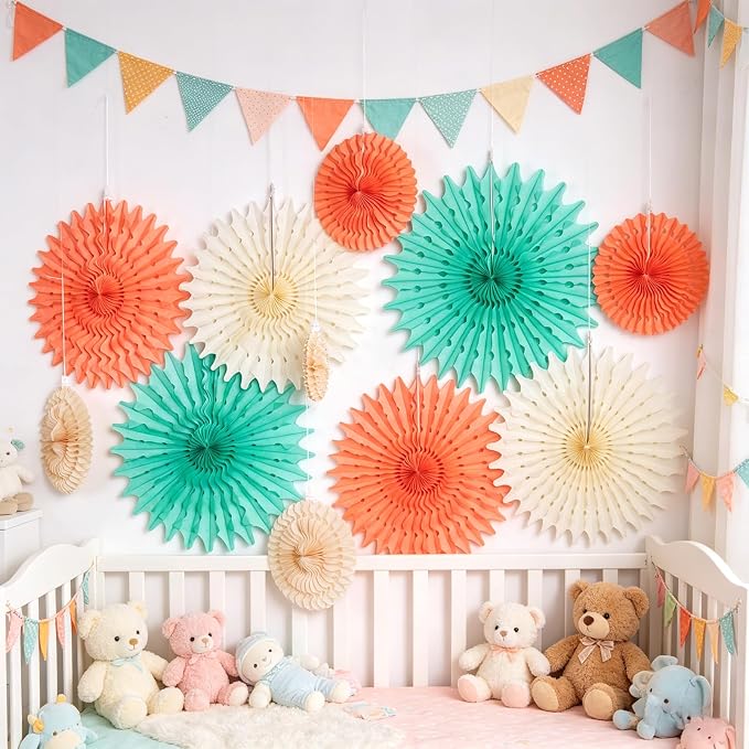 SUNBEAUTY Pack of 11 Hanging Honeycomb Paper Fans Party Decoration Paper Decoration for Birthday Wedding Graduation Events Accessories Mint Peach Cream