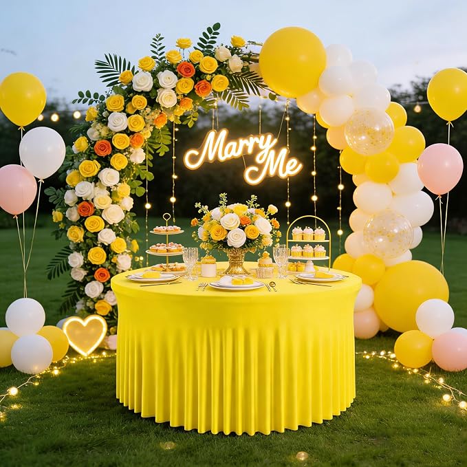 6 Pack Yellow 60 inch Round Spandex Tablecloth,Wrinkle-Free Stretchy Fitted 5FT Round Tables,Elastic Edge with Skirt,Washable Tablecloths for Wedding Banquet Party Birthday Buffet