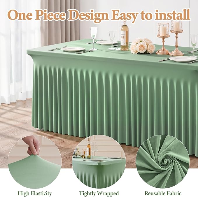 6 Packs Sage Green Spandex Table Cloths 6 Foot, Fitted Stretch Table Cover with Skirts 30x72 Inch, Wrinkle-Free Floor Length Tablecloths Rectangular for Weddings Parties Banquets Events Decorations