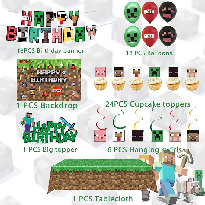 Pixel Birthday Party Decorations, Party Supplies Set Including Balloons, Backdrop, Banner, Tablecloth, Hanging Swirls, Cake Cupcake Toppers for Pixel Theme Party