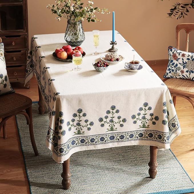 patdrea Vintage French Linen Tablecloth,Rectangular,102"x63"-Ivar B | Elegant Large Table Cloth for Rectangle Table,Blue and White Floral Patterned,Dining Room,Tea Party,Thanksgiving Decor