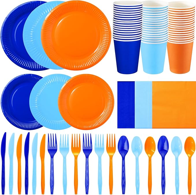 Ziliny 420 Pcs Paper Plates and Napkins 9 oz Paper Cups Forks Knives Spoons Disposable Tableware for Dog Theme Birthday Party Supplies, Serves 60(Sky Blue, Orange, Dark Blue)