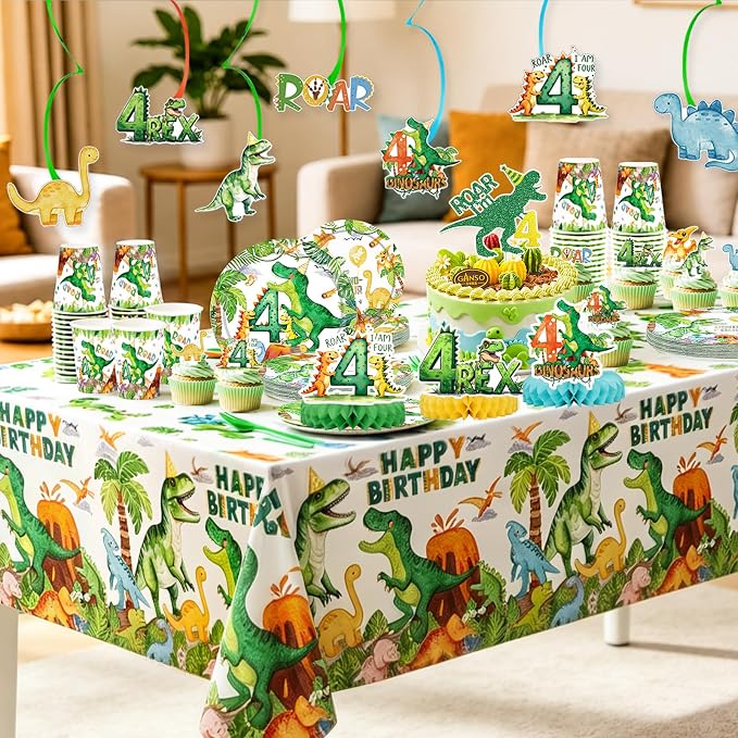 Roar I’m Four Dinosaur 4th Birthday Party Supplies Decorations for Boys Jungle T-rex 4 Rex Tableware Pre-Strung Banners Garland Honeycomb Centerpieces Talbelcoth Hanging Swirls Cupcake Topper Serve 25