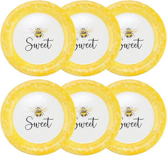 UP UPware Sweet Bee Melamine Dinner Plate Set, Round Plates for Main course, Pasta, and Salad, BPA-Free, Dishwasher Safe, Yellow, 11 Inch, Set of 6