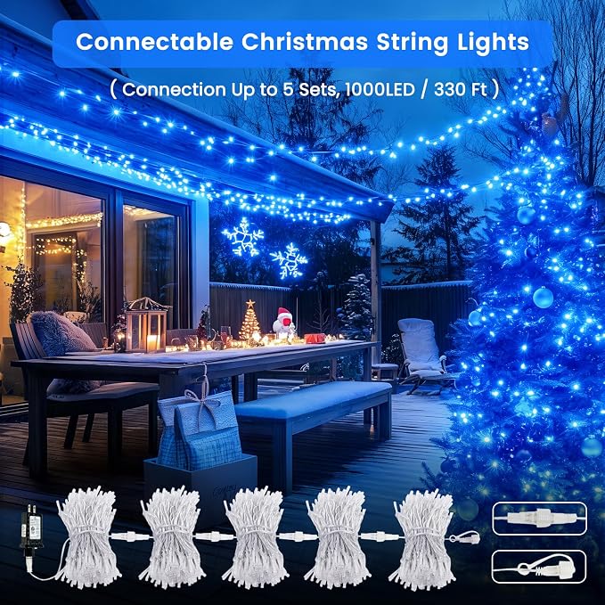 Connectable 2Pack String Lights Indoor, 66FT 200LED String Lights, 13Modes Twinkle Fairy Lights Plug in Outdoor Waterproof, Blue Clear Wire Light for Christmas Tree, Wedding Yard, Party Decor