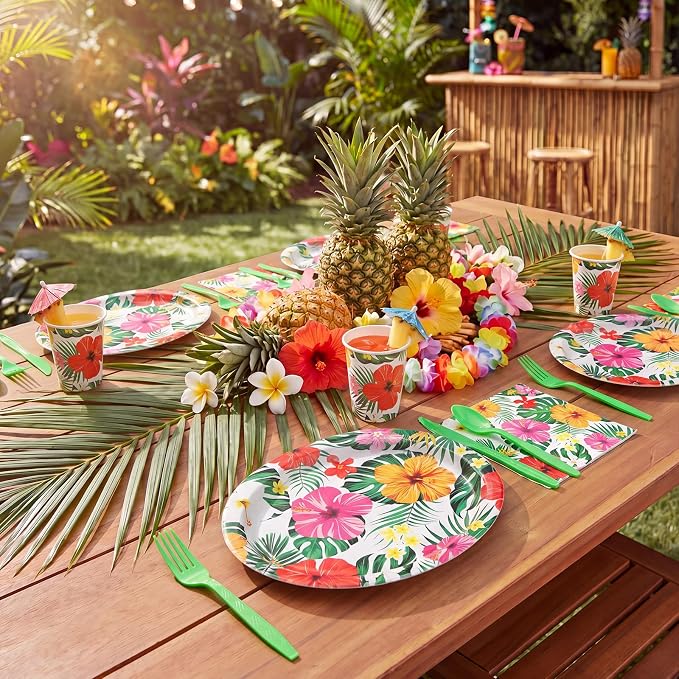 Pajean 350 Pcs Luau Tropical Party Supplies 12 in Disposable Hawaiian Luau Oval Plates and Napkins Palm Leaf Heavy Duty Paper Tableware Set for 50 Guests Summer BBQ Pool and Beach Party Decorations