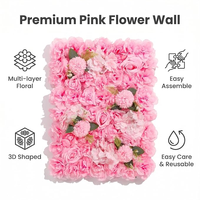 3D Flower Wall Backdrop - 6Pcs 16×24 Inch Artificial Rose Panels Pink Silk Floral Decor for Home Party Wedding Anniversary Birthday Photographic Studio Background & Decorative Fences