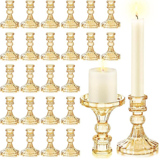 Sieral 24 Pcs Gold Taper Candle Holders 4'' Tall Candlestick Glass Holders Bulk Stripe Decorative Stand Wedding Stick Holder for Anniversary Party Dining Table Festival Decor