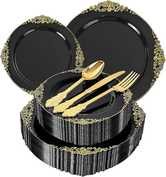 125PCS Black and Gold Plastic Plates - Black Disposable Dinnerware Set - Vintage Plastic Plates with Gold Silverware for 25 Guests for Wedding Party