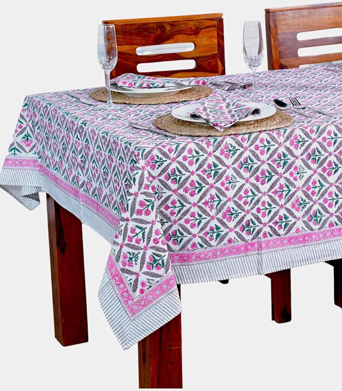 Ridhi Pink and White Hand Block Print Cotton Rectangle Tablecloth 102" x 48" inches Reusable Table Cover Decorative Everyday Use for Dining Room, Farmhouse, Home Gift for Spring, Mother's Day