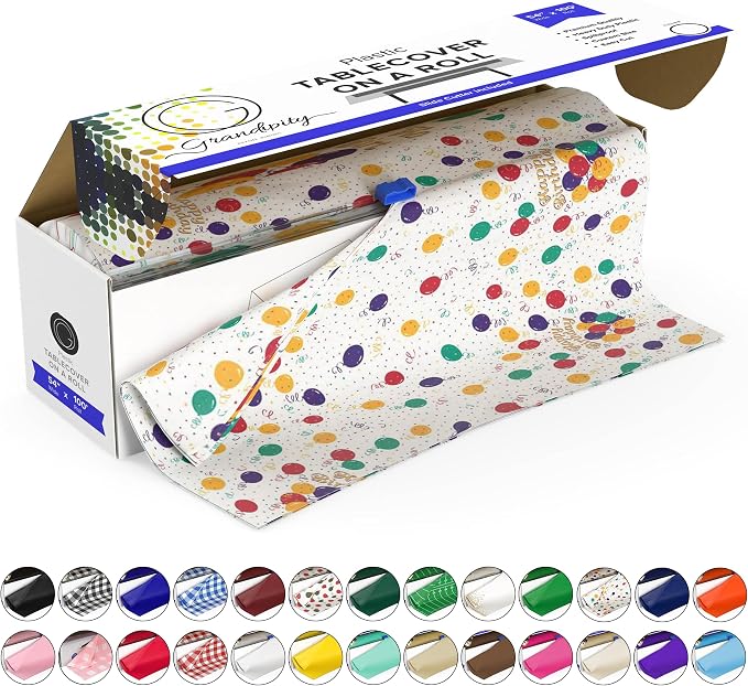 Grandipity Plastic Tablecloth Roll - 54in x 100 Ft. Happy Birthday Plastic Table Cloths Disposable with Cutter Box - Cut to Size Disposable Tablecloth Table Cover for Rectangle & Round