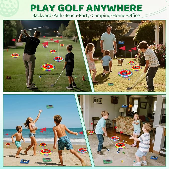 TERRAMUS Glow in the Dark Golf & Toss Game, 2 in 1 LED Target Set with 2 Clubs, 18 Balls, 6 Bean Bags, Outdoor Indoor Backyard Toy for Kids Ages 4 5 6 7 8, Birthday Gifts for Boys Girls