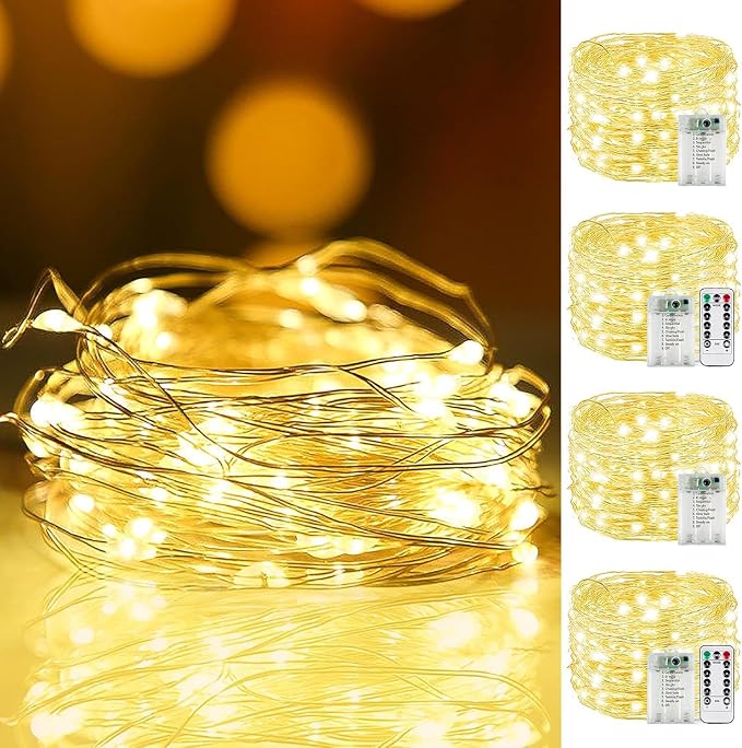4Pack 132FT 400LED Fairy Lights Battery Operated with Remote & Timer | 8 Modes Twinkle String Lights Battery Powered Indoor Outdoor Waterproof for Bedroom Wedding Classroom Christmas Décor, Warm White