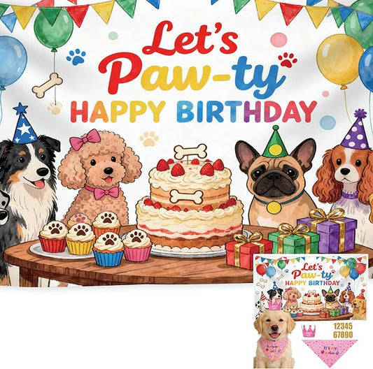 Dog Birthday Party Supplies,72X43Inch Let's Pawty Dogs Kids Birthday Party Banner Birthday Girl Cake Bandana Triangle Scarf Party Hat with Numbers for Large Medium Small Dog