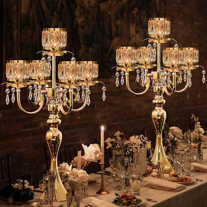5 Arm Elegant Crystal Candle Holder,Candlestick for Wedding Table Centerpiece, 22 Inch Tall Candle Holder Table Candelabra Event Party Table Centerpiece,Home Decoration. (4, Gold, Square Crystal)