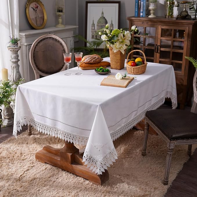 ARTABEL Cut Work Table Cloths with Lace Laser Die-Cut Exquisite Vintage Shabby Chic for Holiday Wedding Long Dinner Tables (Offwhite, 60 x 120 Inch)