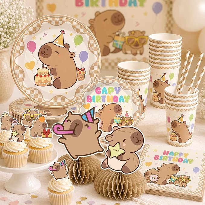 222pcs Capybara Birthday Decorations-Serves 25, All-in-one Capybara Party Decorations with 350gsm Plate, Tablecloth, Backdrop, Centerpiece, Capybara Balloons, Banner, Cake Topper