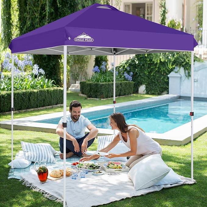 EAGLE PEAK Pop Up Canopy Tent with Wheeled Carry Bag, 8 Stakes, 4 Ropes, Easy Set Up Tent Canopy, 6.6x6.6 ft, Purple