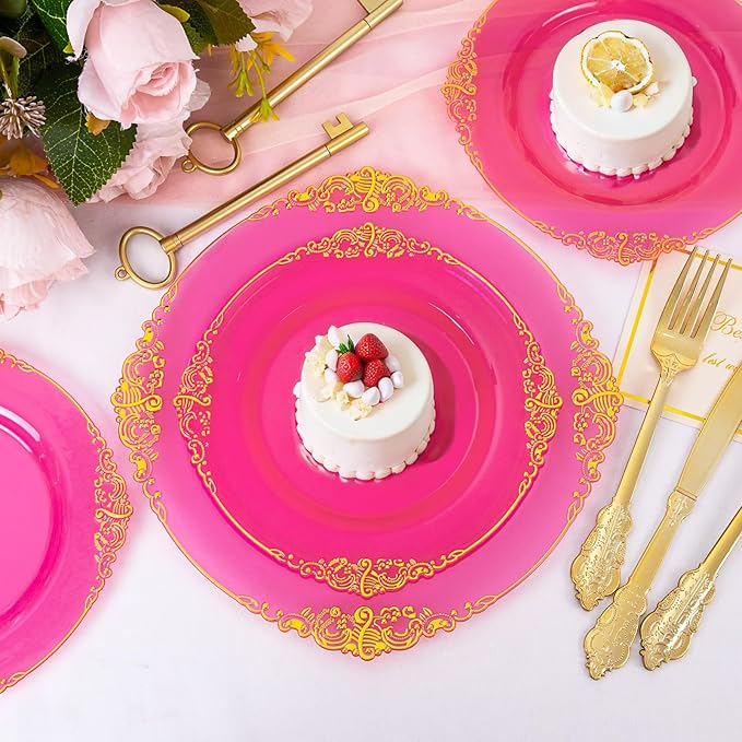 102PCS Clear Hot Pink Plastic Plates - Pink Disposable Plate with Gold Rim - Hot Pink Party Plates Include 51PCS 7.5inch Dessert & 10.25inch Dinner Plate for Wedding Birthday Party Mother’s Day