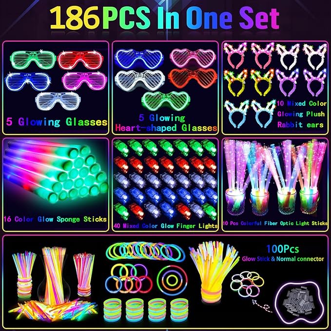 186 PCS Glow in the Dark Party Supplies,16 Foam Sticks,10 Glow Fiber Wands, 10 LED Glasses, 10 Glowing Rabbit Ears,100 Glow Sticks and 40 Finger Lights for Neon Party Birthday Carnivals Halloween
