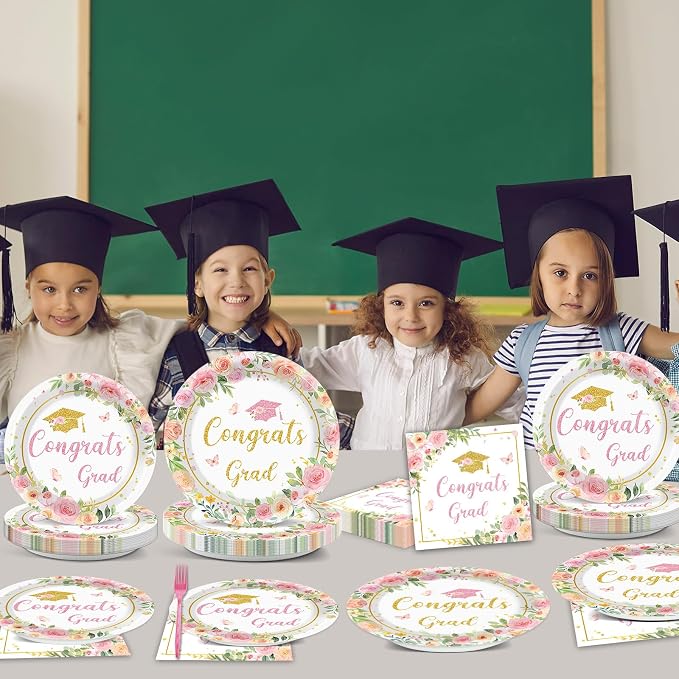 96Pcs Class of 2026 Graduation Party Supplies Floral Congrats Grad 2026 Plates and Napkins Pink Bachelor Cap Grad Tableware Disposable Dessert Dinnerware for Women Graduation Party for 24 Guests
