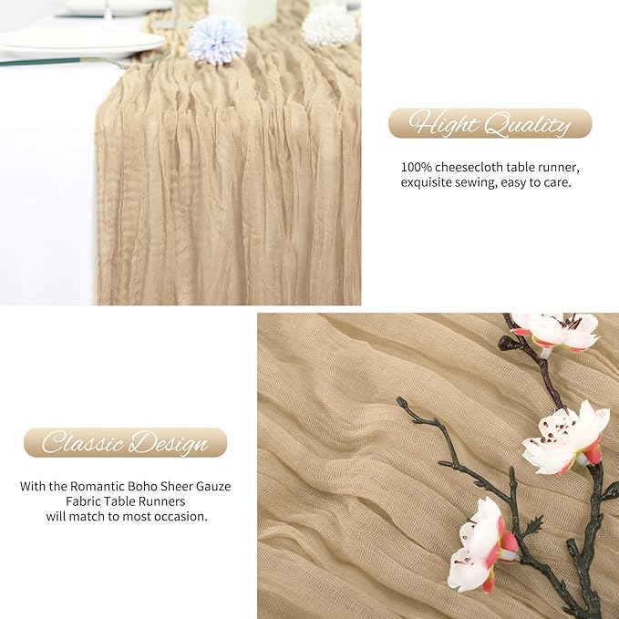 10 Pack Beige Cheesecloth Table Runner 10FT Boho Romantic Gauze Table Runner 20 x 120 Inch Rustic Sheer Runner for Wedding Party Bridal Shower Thanksgiving Christmas Decoration