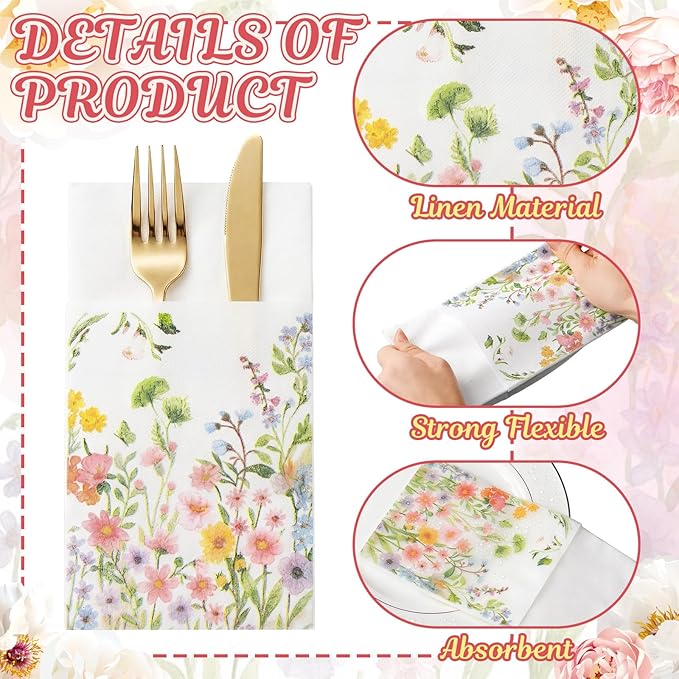 Potchen 100 Linen Feel Napkins Disposable Cloth Like Napkins Prefolded Hand Towel with Built-in Flatware Pocket Cocktail Hand Towel for Wedding Bridal Shower Supplies(100 Pcs,Wildflower)