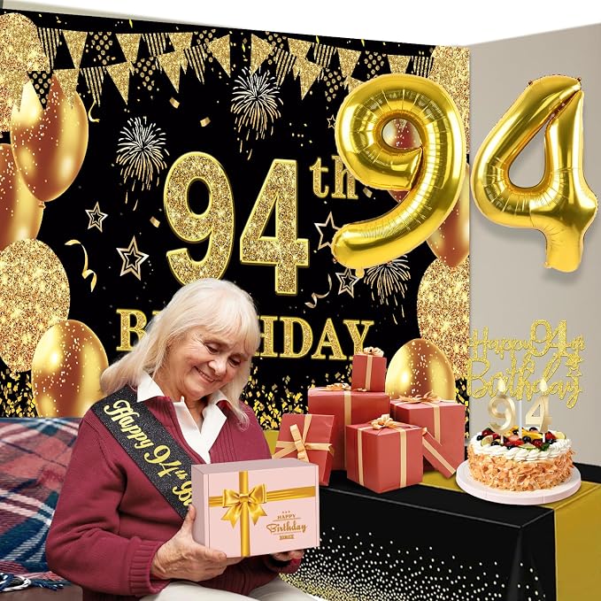94th Birthday Decorations Men Women with 94th Birthday Banner, Black and Gold Table Cloth, Number Balloons, Large Sash, Cake Topper and Candles