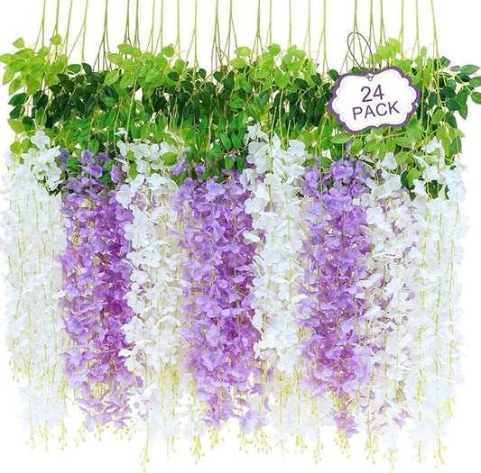 24Pcs Artificial Wisteria Hanging Flowers, 3.6Ft/Pcs White & Purple Fake Wisteria Garland for Wedding Party Home Garden Indoor Outdoor Decoration