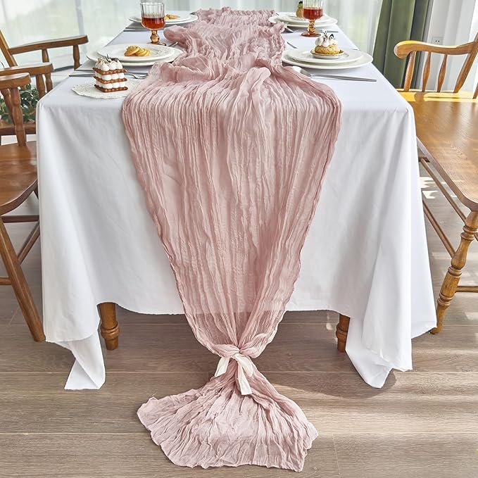IVAPUPU 8 Pcs Cheesecloth Table Runner - 10ft Dusty Pink Spring Boho Gauze Cheese Cloth Table Runners for Baby Shower Decoration Wedding Party Summer Garden Farmhouse Decor